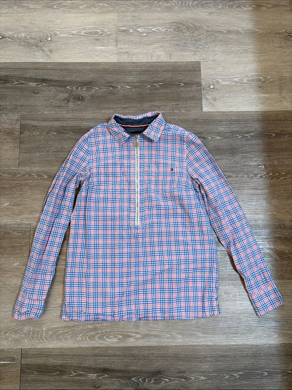 Tommy Hilfiger Pink & Blue Plaid Half-Zip Pullover w/silver tone buttons.
